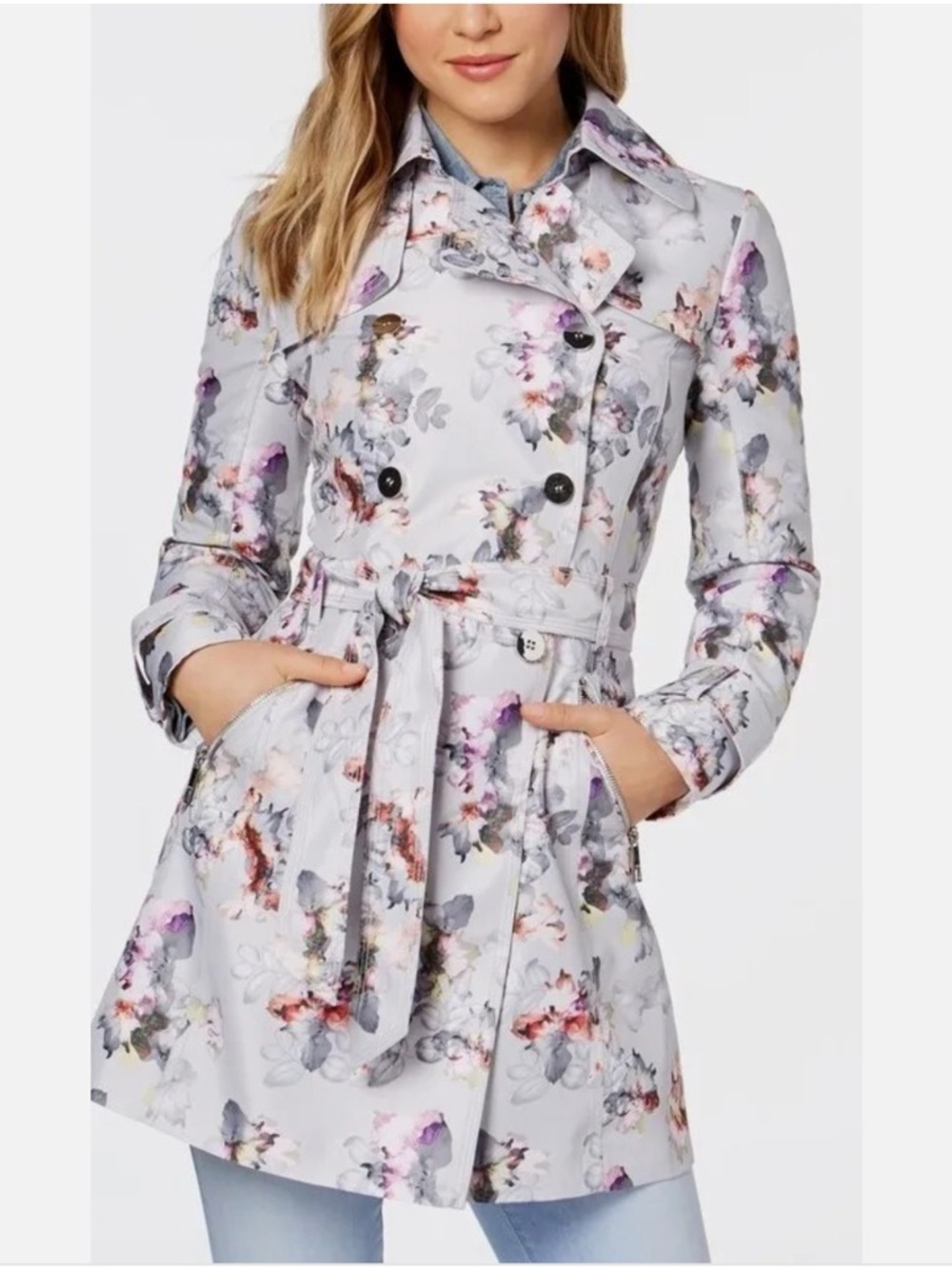 GUESS Floral Print Double Breasted Trench Coat Belted Trench Coat